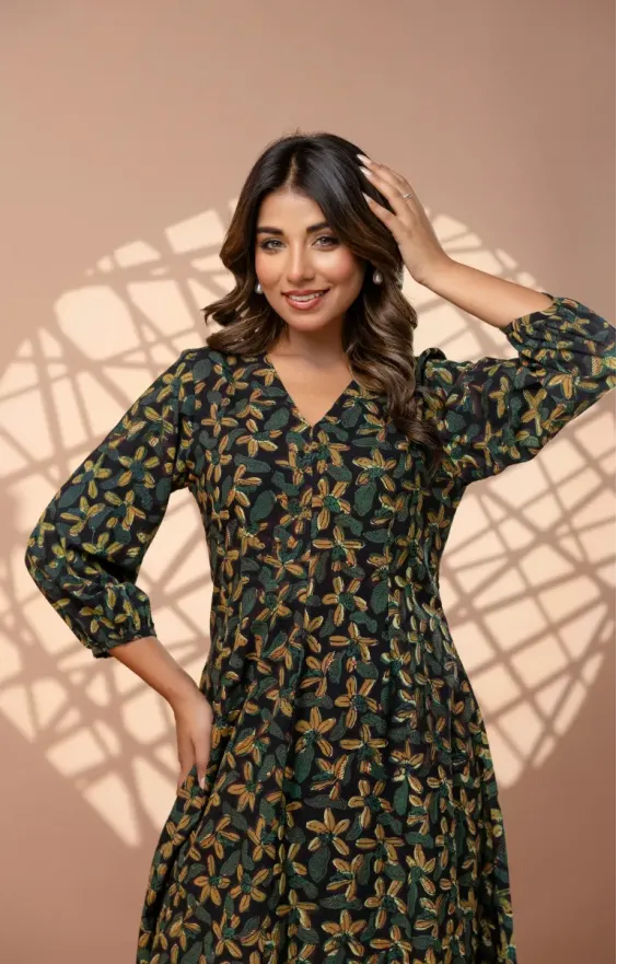 Moongia Green Hand-Block Printed A-Line Cotton Dress