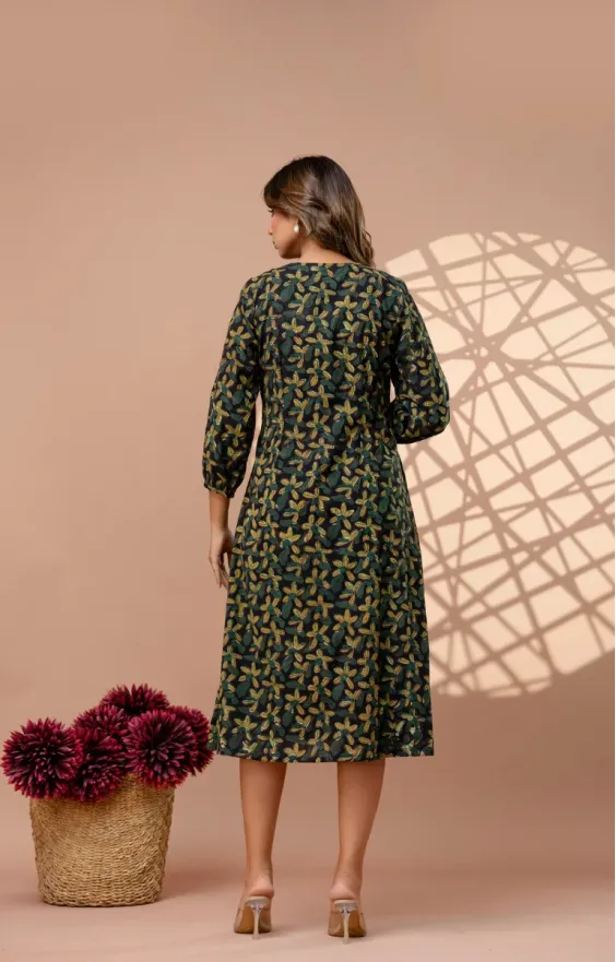 Moongia Green Hand-Block Printed A-Line Cotton Dress