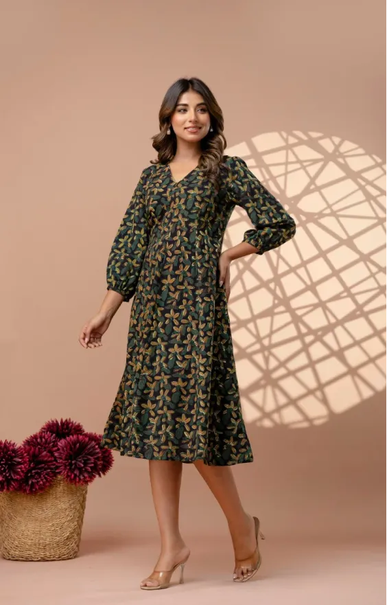Moongia Green Hand-Block Printed A-Line Cotton Dress