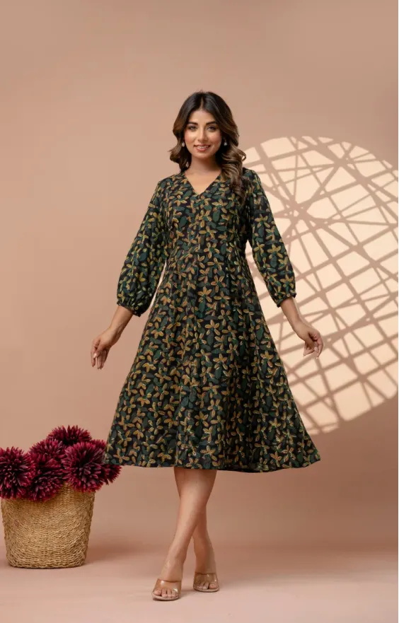 Moongia Green Hand-Block Printed A-Line Cotton Dress