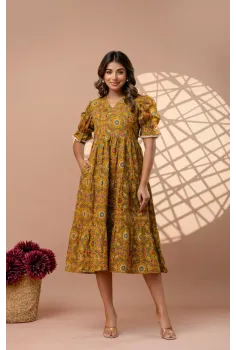 Ochre Yellow 3-Tier Cambric Cotton Midi Dress - Puff Sleeves