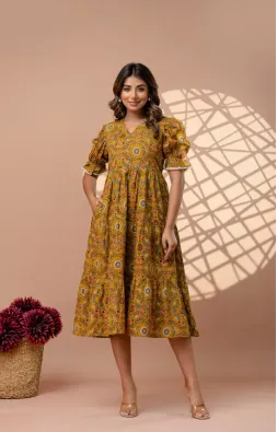 Ochre Yellow 3-Tier Cambric Cotton Midi Dress - Puff Sleeves