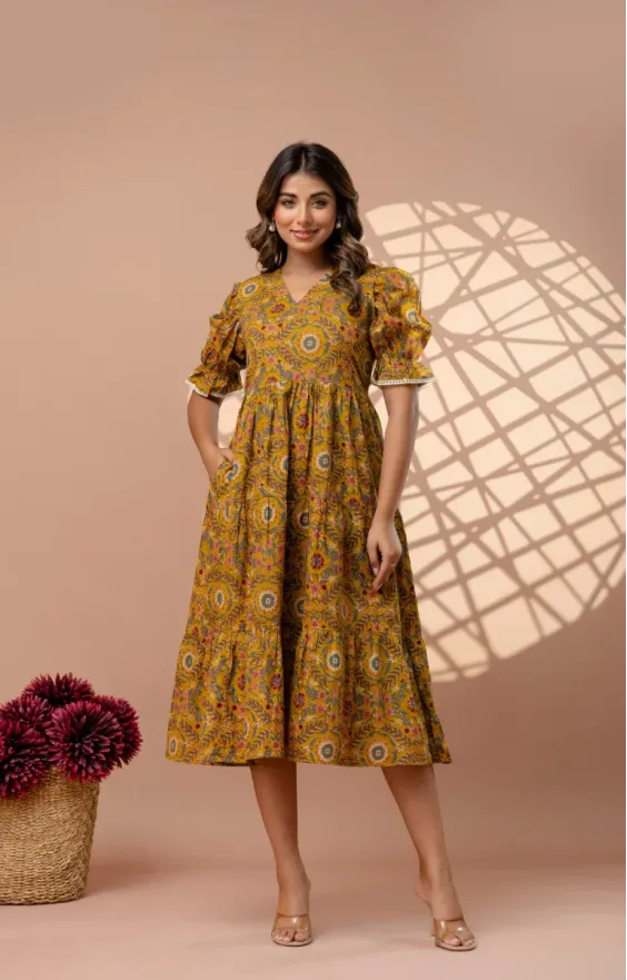 Ochre Yellow 3-Tier Cambric Cotton Midi Dress - Puff Sleeves
