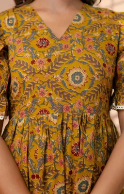 Ochre Yellow 3-Tier Cambric Cotton Midi Dress - Puff Sleeves