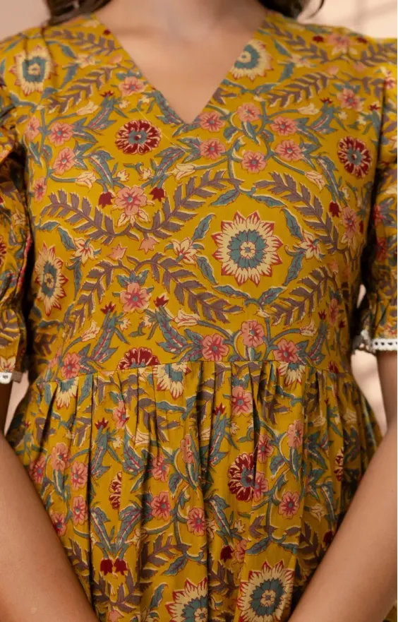Ochre Yellow 3-Tier Cambric Cotton Midi Dress - Puff Sleeves