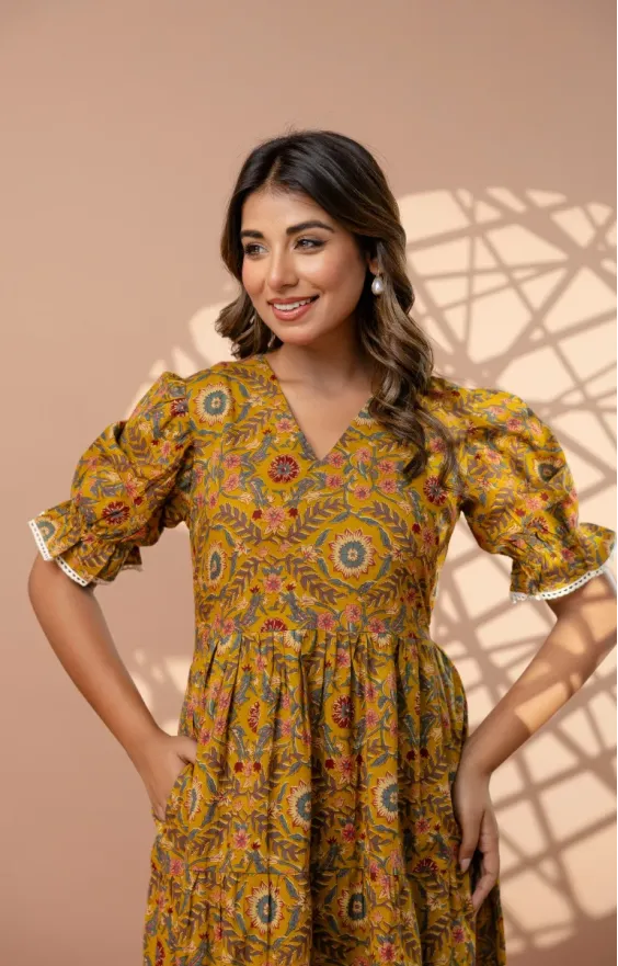 Ochre Yellow 3-Tier Cambric Cotton Midi Dress - Puff Sleeves