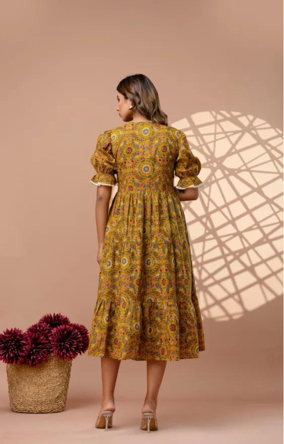 Ochre Yellow 3-Tier Cambric Cotton Midi Dress - Puff Sleeves