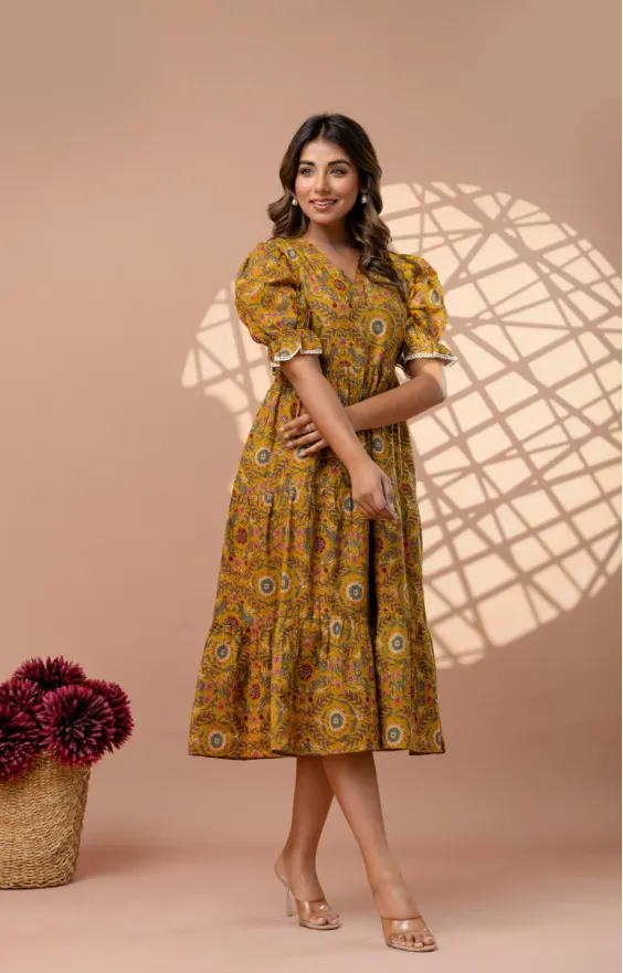 Ochre Yellow 3-Tier Cambric Cotton Midi Dress - Puff Sleeves