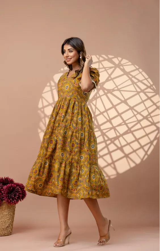 Ochre Yellow 3-Tier Cambric Cotton Midi Dress - Puff Sleeves