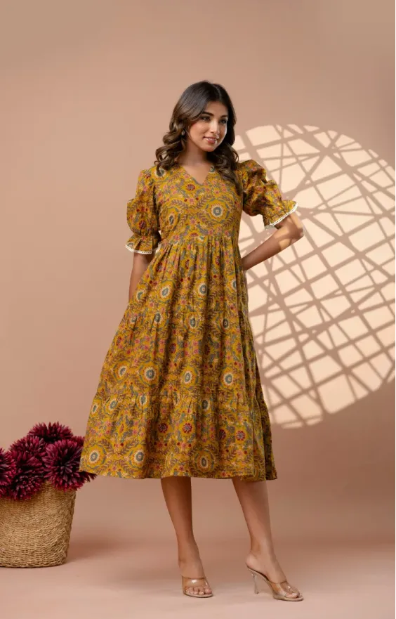 Ochre Yellow 3-Tier Cambric Cotton Midi Dress - Puff Sleeves