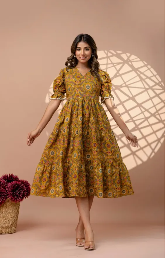 Ochre Yellow 3-Tier Cambric Cotton Midi Dress - Puff Sleeves