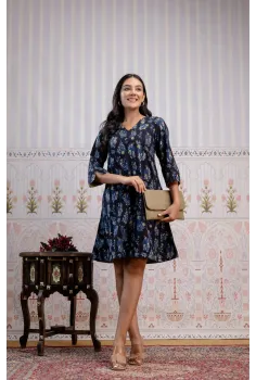 Black Indigo Blue Hand-Block Printed A-Line Dress