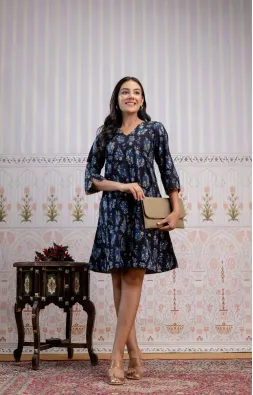 Black Indigo Blue Hand-Block Printed A-Line Dress