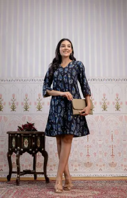 Black Indigo Blue Hand-Block Printed A-Line Dress
