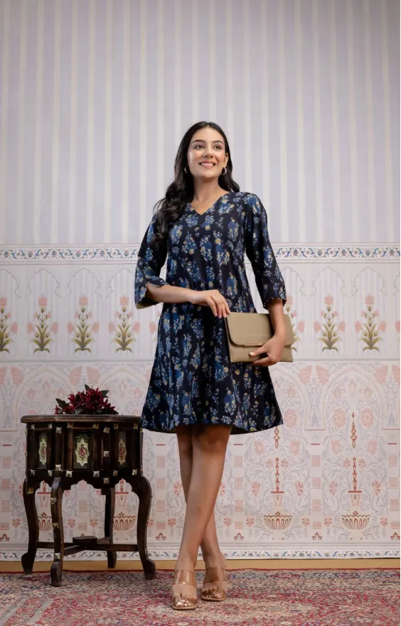 Black Indigo Blue Hand-Block Printed A-Line Dress