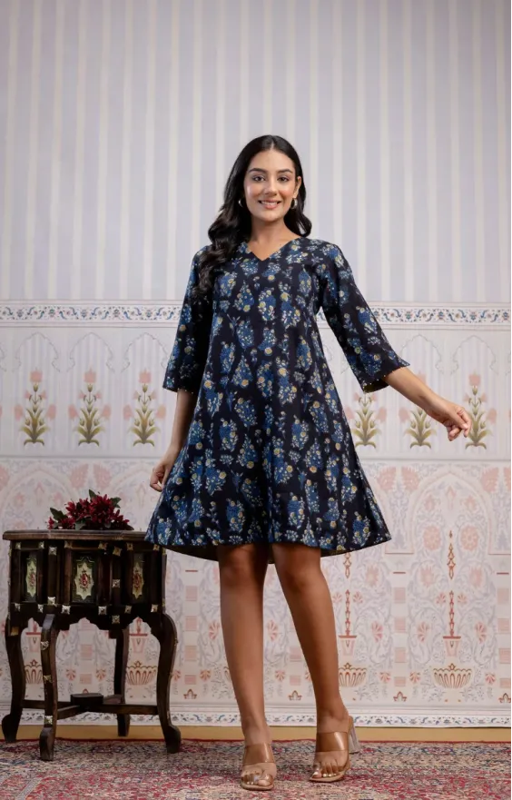 Black Indigo Blue Hand-Block Printed A-Line Dress