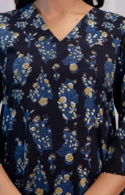 Black Indigo Blue Hand-Block Printed A-Line Dress