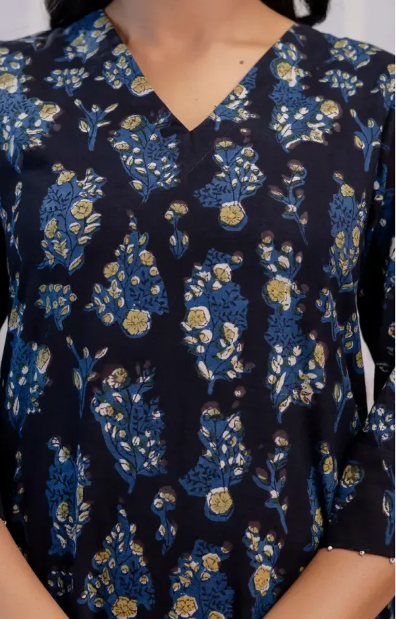 Black Indigo Blue Hand-Block Printed A-Line Dress