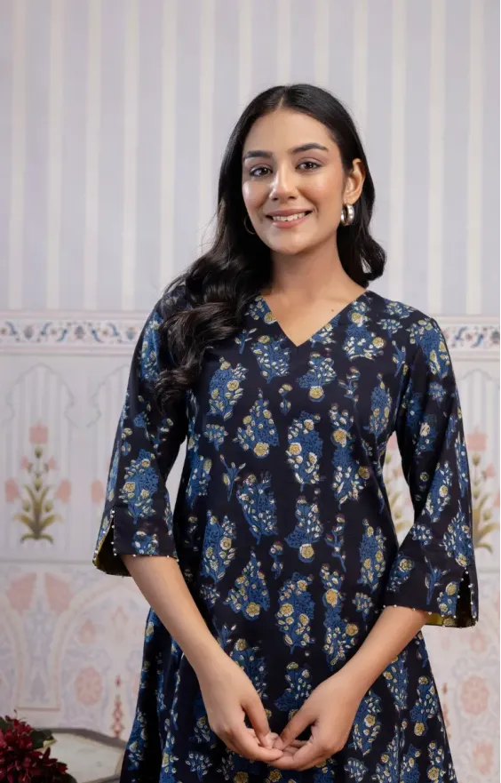 Black Indigo Blue Hand-Block Printed A-Line Dress