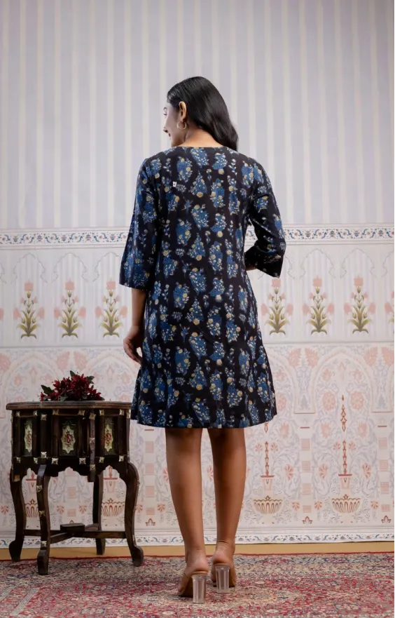 Black Indigo Blue Hand-Block Printed A-Line Dress