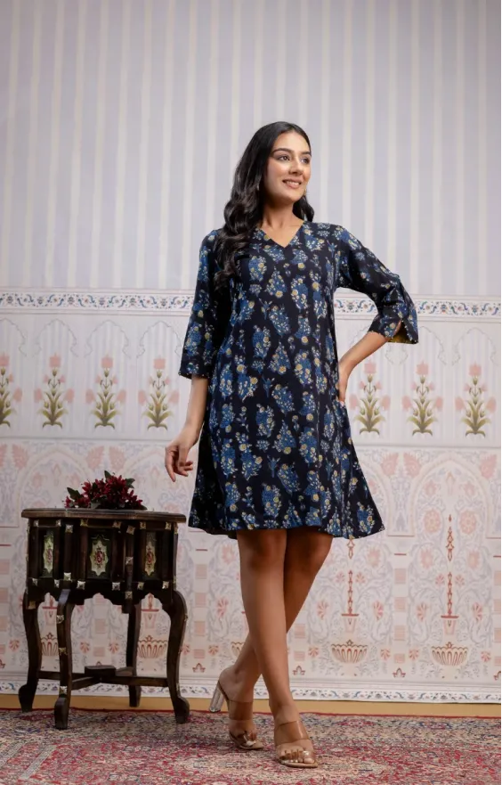 Black Indigo Blue Hand-Block Printed A-Line Dress