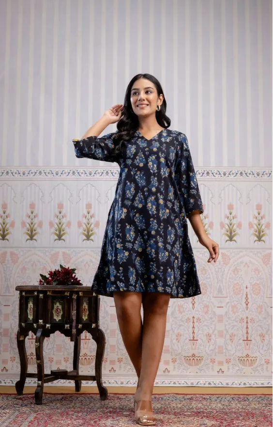 Black Indigo Blue Hand-Block Printed A-Line Dress