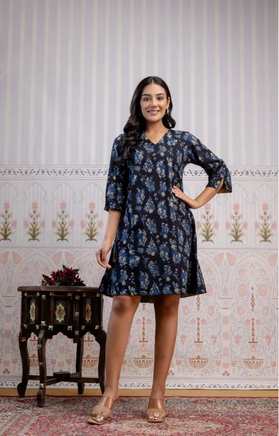 Black Indigo Blue Hand-Block Printed A-Line Dress