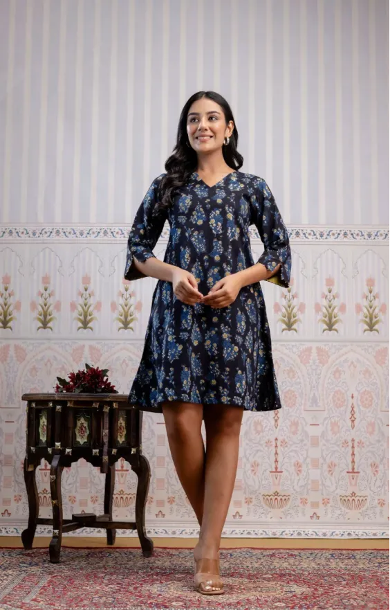 Black Indigo Blue Hand-Block Printed A-Line Dress