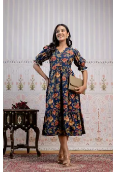 Blue & Red Floral Screen Print 3-Tier Cambric Cotton Dress