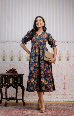 Blue & Red Floral Screen Print 3-Tier Cambric Cotton Dress