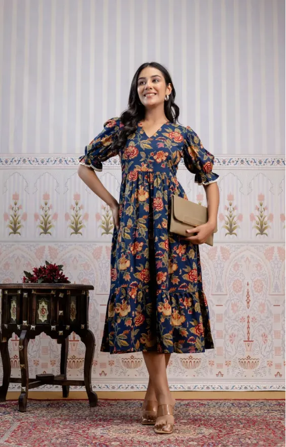 Blue & Red Floral Screen Print 3-Tier Cambric Cotton Dress