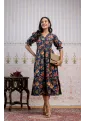 Blue & Red Floral Screen Print 3-Tier Cambric Cotton Dress