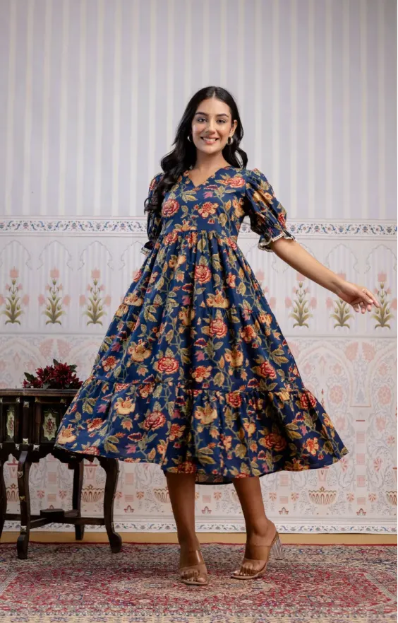 Blue & Red Floral Screen Print 3-Tier Cambric Cotton Dress