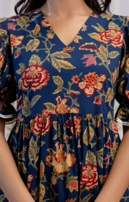 Blue & Red Floral Screen Print 3-Tier Cambric Cotton Dress
