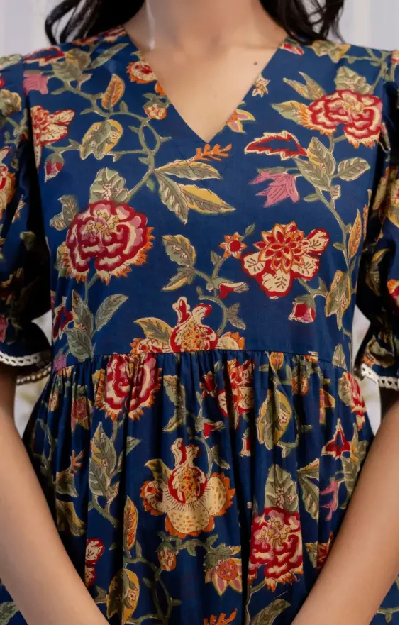 Blue & Red Floral Screen Print 3-Tier Cambric Cotton Dress