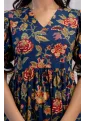 Blue & Red Floral Screen Print 3-Tier Cambric Cotton Dress