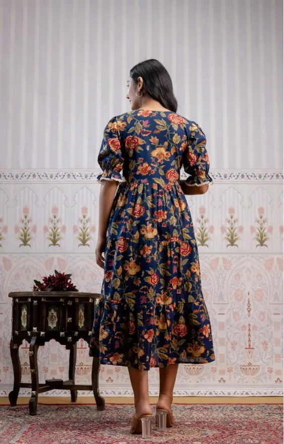 Blue & Red Floral Screen Print 3-Tier Cambric Cotton Dress