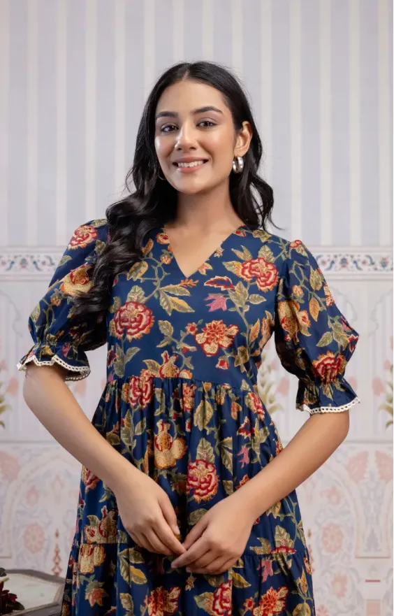Blue & Red Floral Screen Print 3-Tier Cambric Cotton Dress