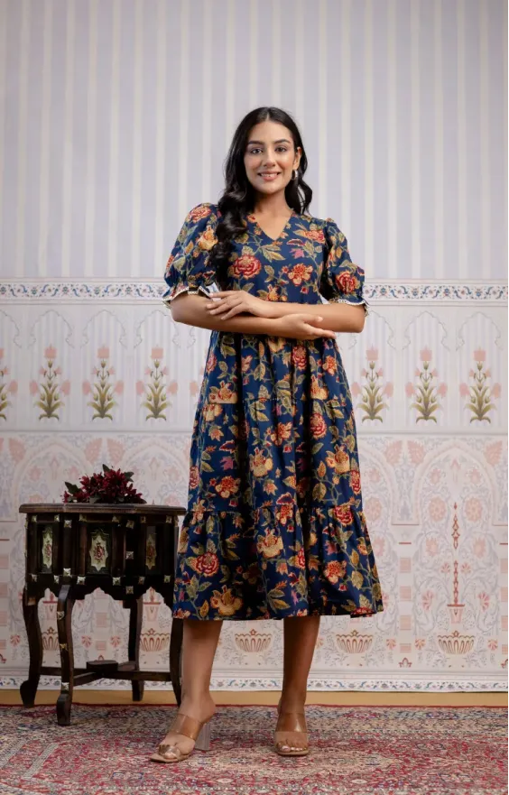 Blue & Red Floral Screen Print 3-Tier Cambric Cotton Dress