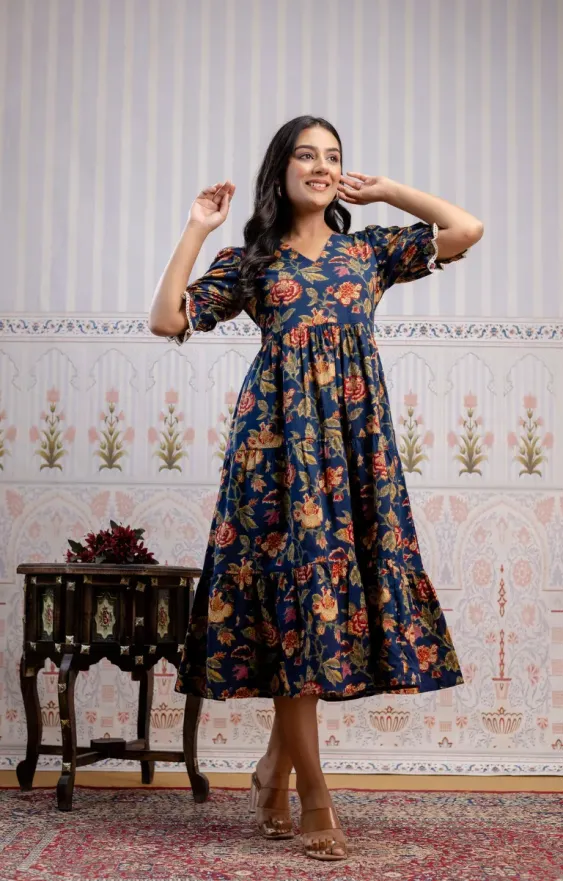 Blue & Red Floral Screen Print 3-Tier Cambric Cotton Dress