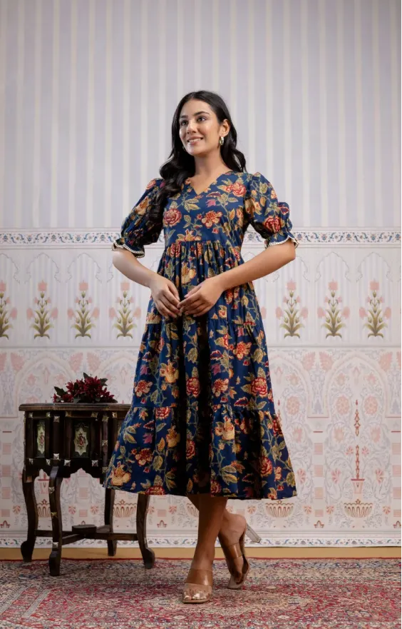 Blue & Red Floral Screen Print 3-Tier Cambric Cotton Dress