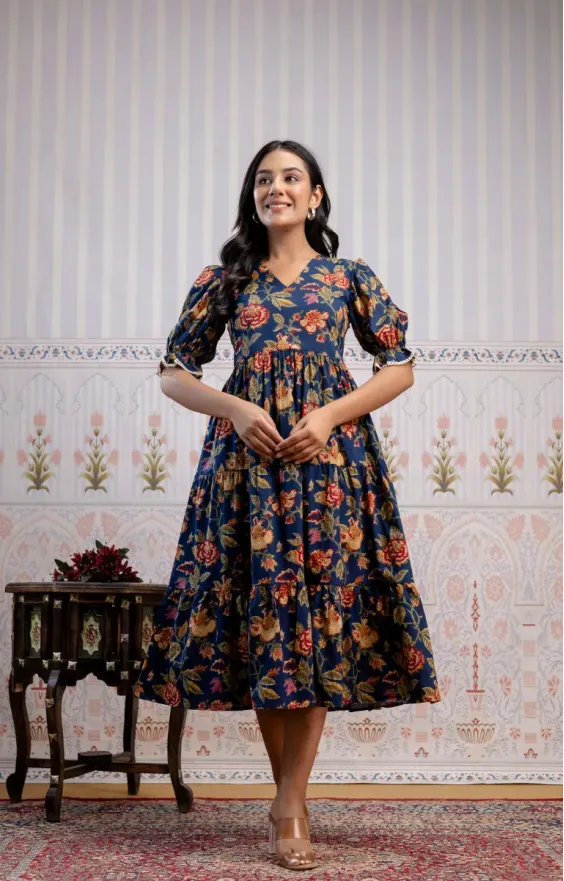Blue & Red Floral Screen Print 3-Tier Cambric Cotton Dress