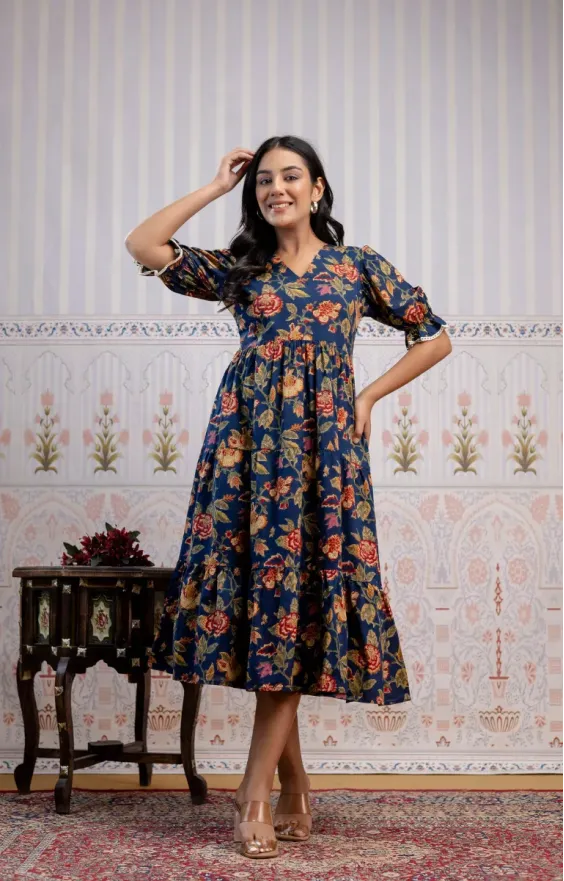 Blue & Red Floral Screen Print 3-Tier Cambric Cotton Dress