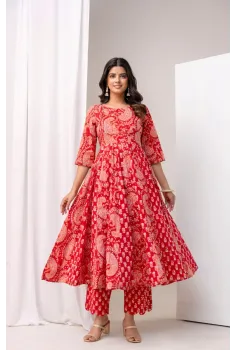 Red Pink Paisley Anarkali Set