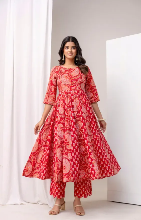 Red Pink Paisley Anarkali Set
