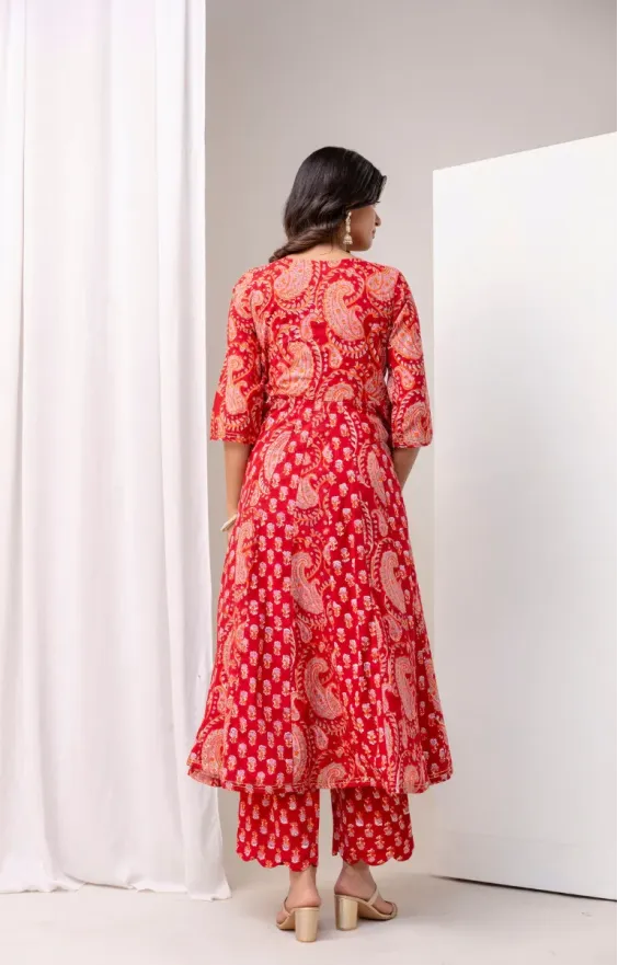 Red Pink Paisley Anarkali Set