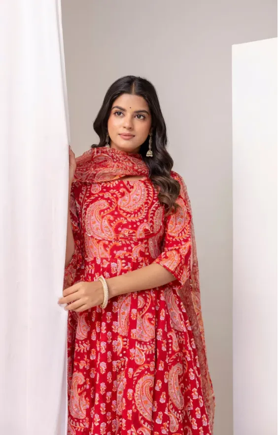 Red Pink Paisley Anarkali Set