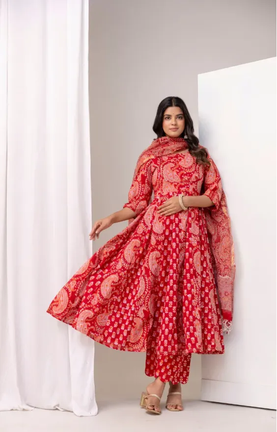 Red Pink Paisley Anarkali Set