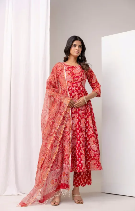 Red Pink Paisley Anarkali Set