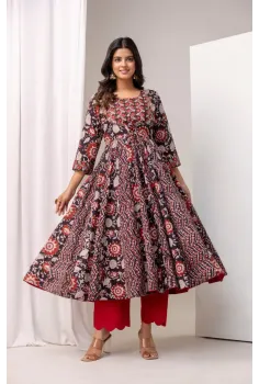 Bagru Black Red Anarkali Set